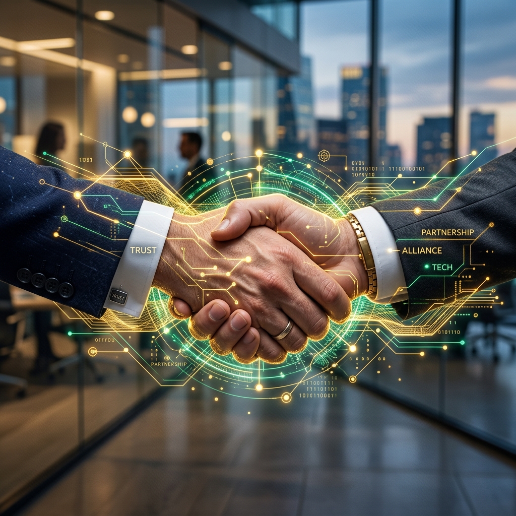 Strategic financial alliance professionals collaborating around reports and products